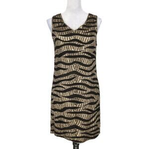 Beaded Drama Dress Womens 6 Black Gold Beads Silk Lined Back Zip Vtg Formal